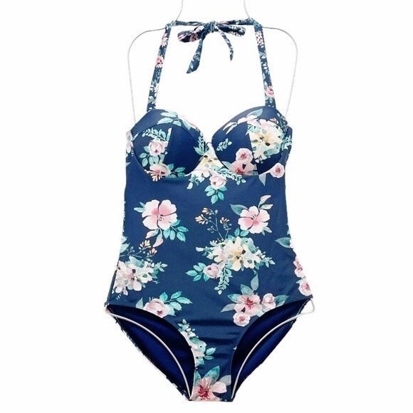 Janela Bay Riverwalk Floral Bra Top Tie Back One Piece Swimsuit Blue Pink Small - Picture 9 of 9